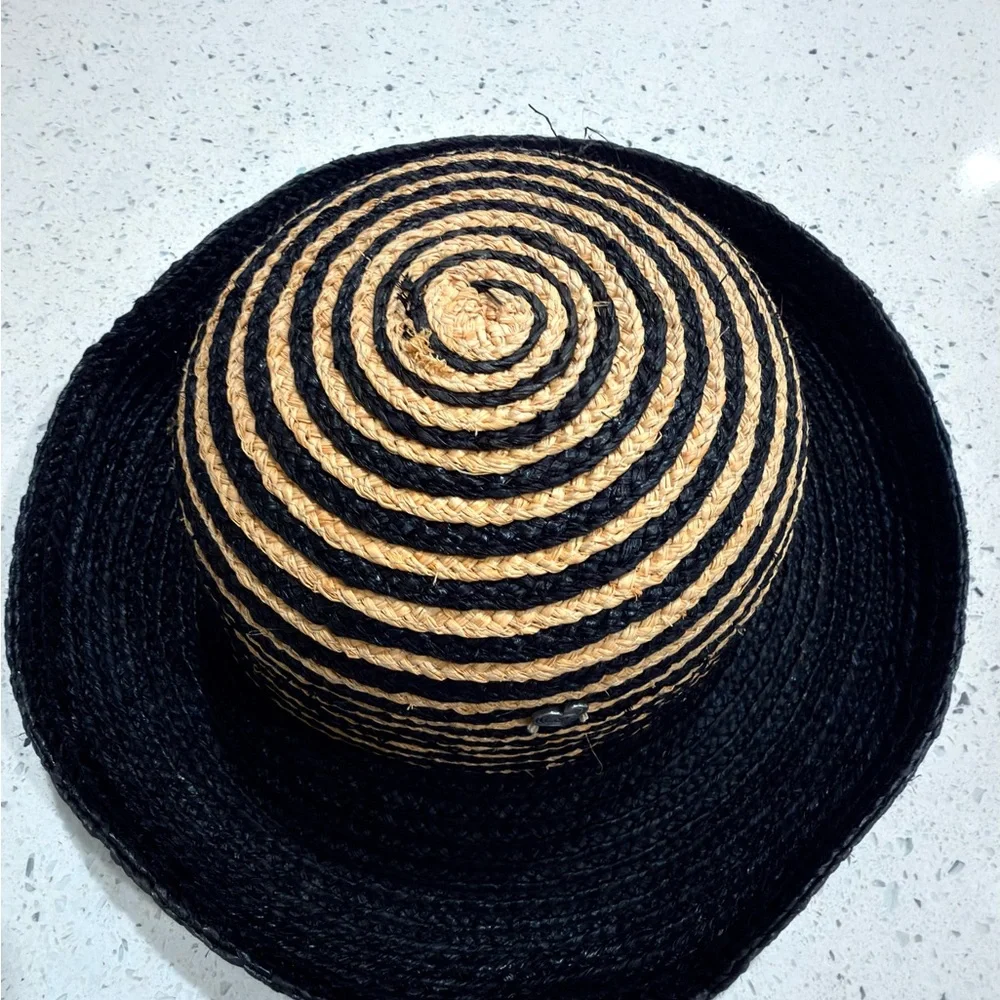 Kate Lord Womens Striped Straw Sun Hat Black Tan Beach‎ Golf Summer M/L